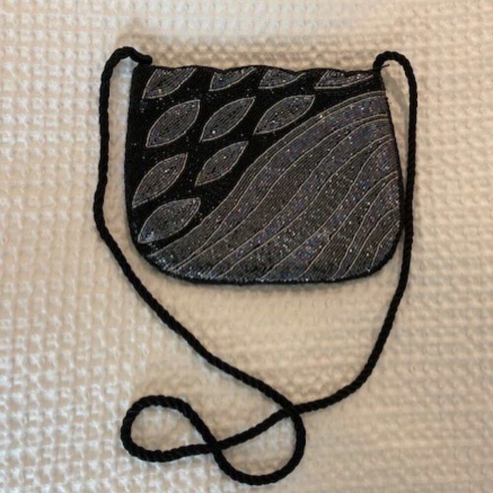 Vintage Hand-Beaded Black & Silver Sequin Evening Bag - 1980s Art Deco Style